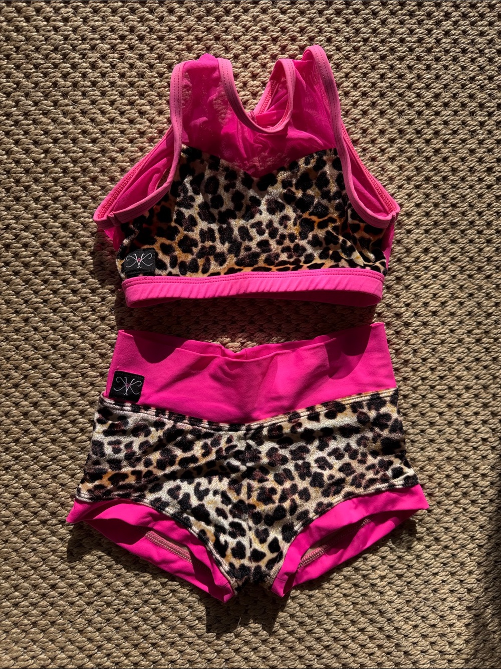 Kandi Kouture Two-Piece Dance Set in Hot Pink with Leopard Print child medium